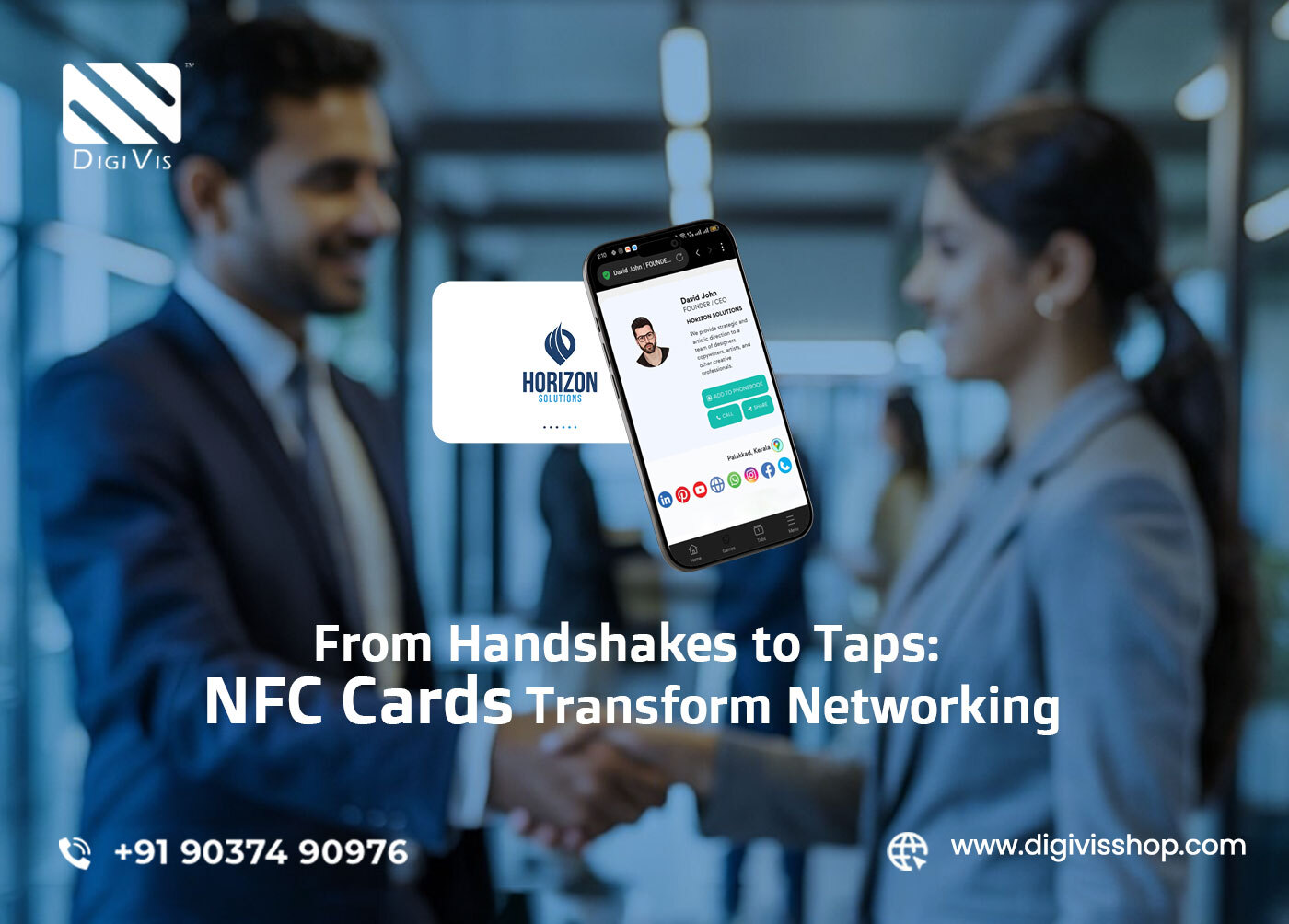 A professional sharing contact details with an NFC business card, showcasing NFC technology for modern networking.