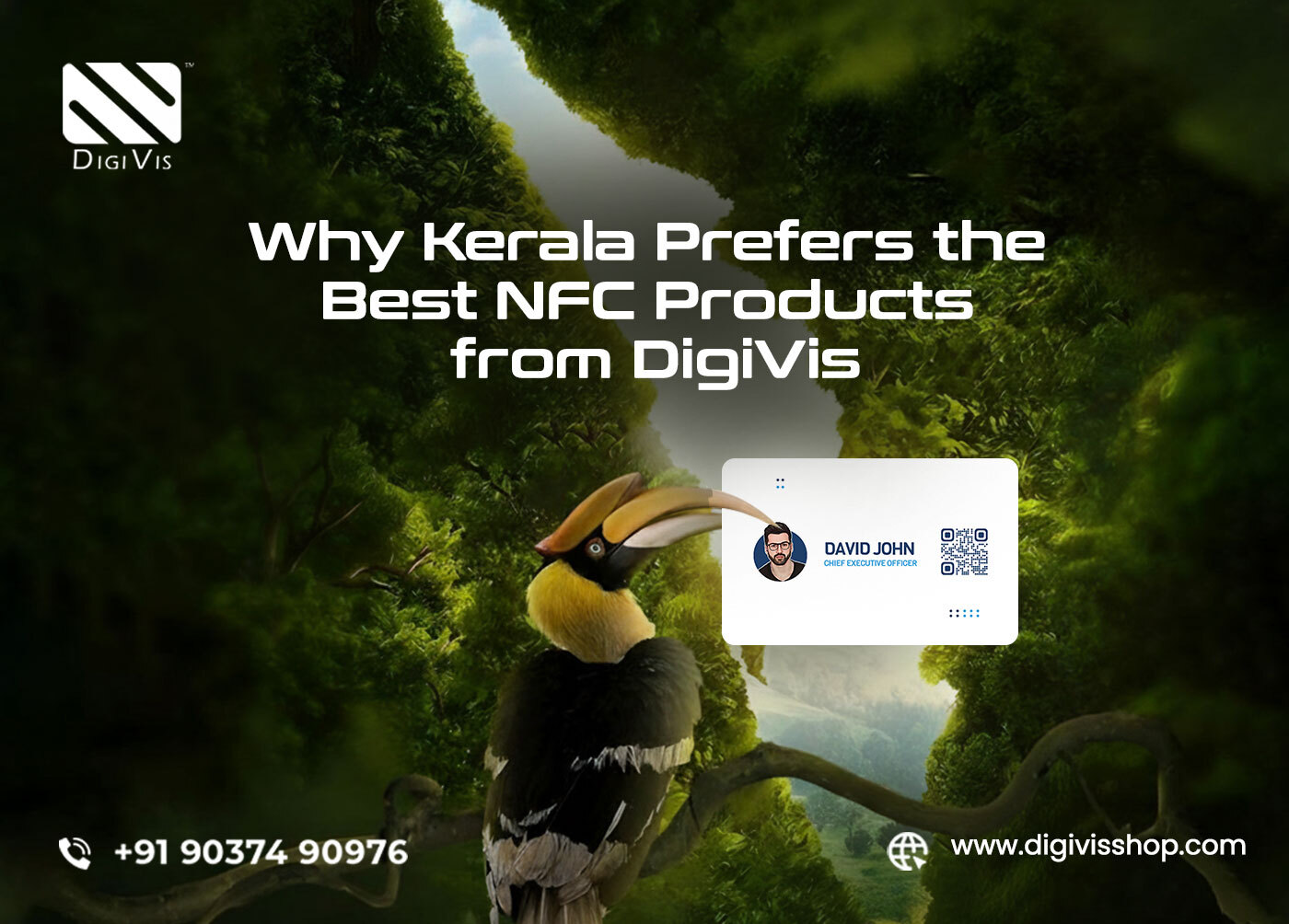 Premium NFC products from DigiVis, including business cards, review cards, and luggage tags, are displayed for Kerala users.